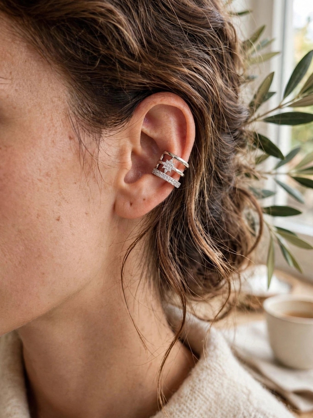 Sterling Silver Cubic Zirconia Star Ear Cuff - Silver